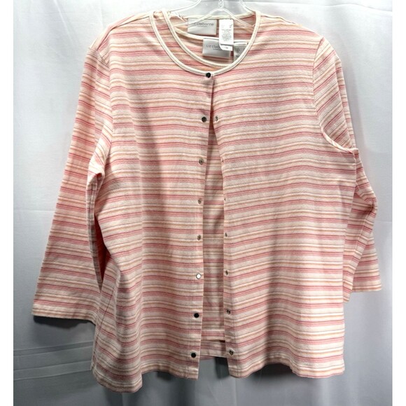 Liz Claiborne Women's Pink White Striped Cardigan Tank Sweater 2 Piece Set L XL - Picture 1 of 10